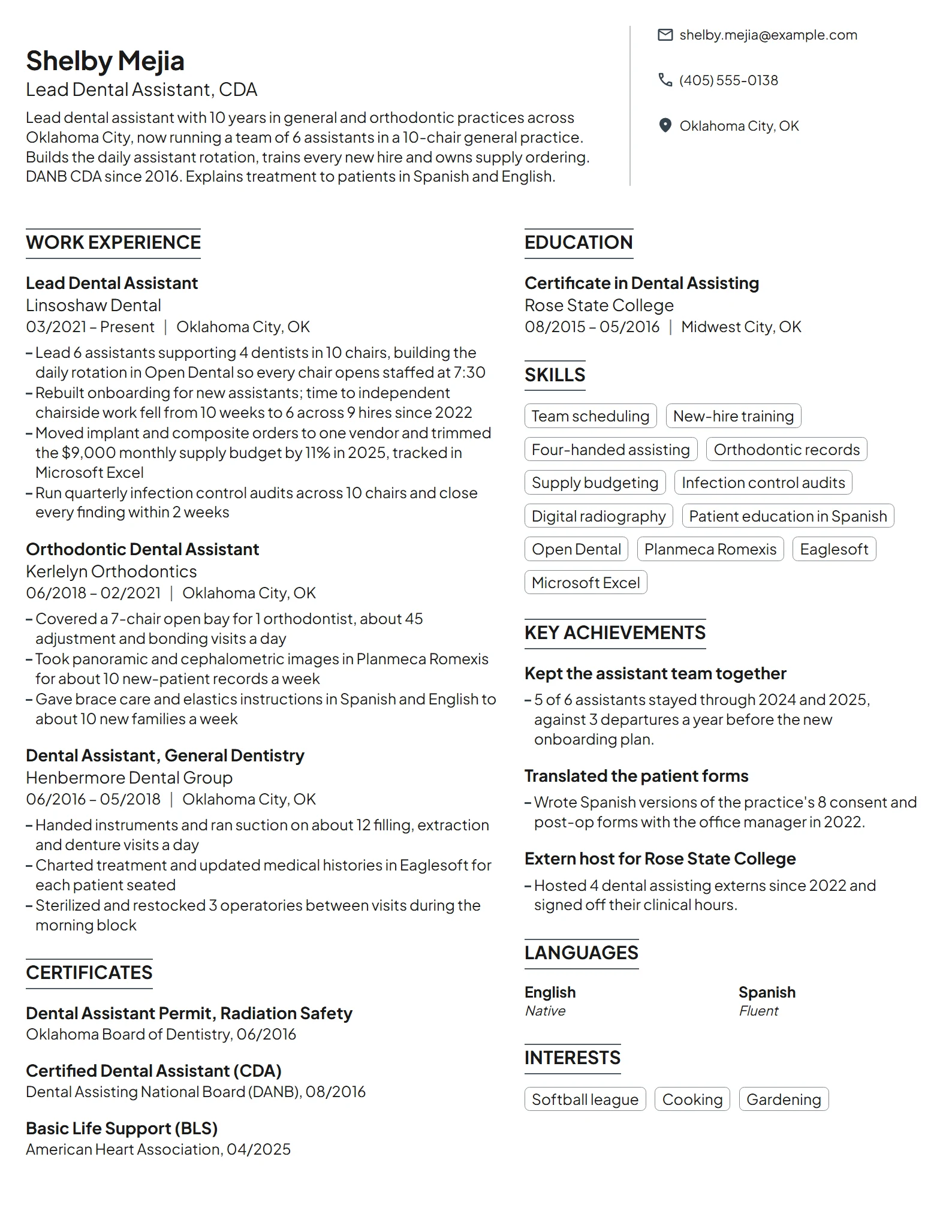 Lead Dental Assistant resume example