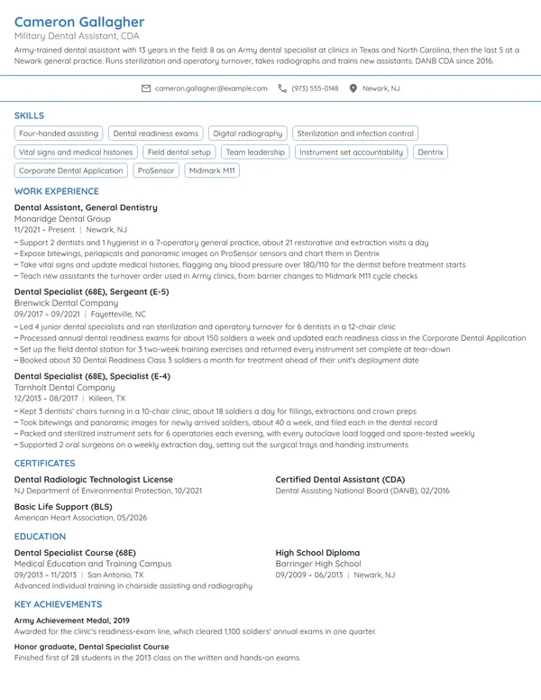 Military Dental Assistant resume example