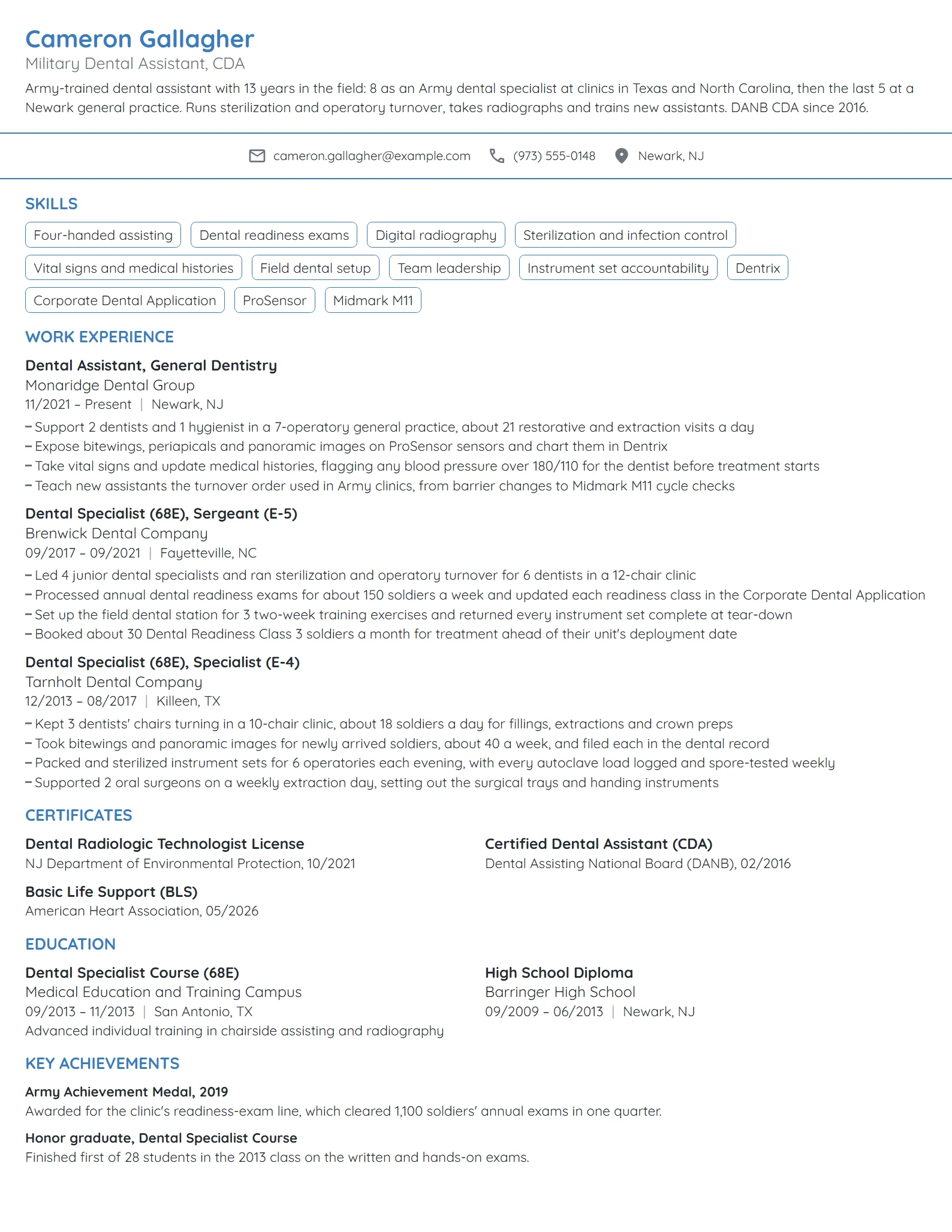 Military Dental Assistant resume example