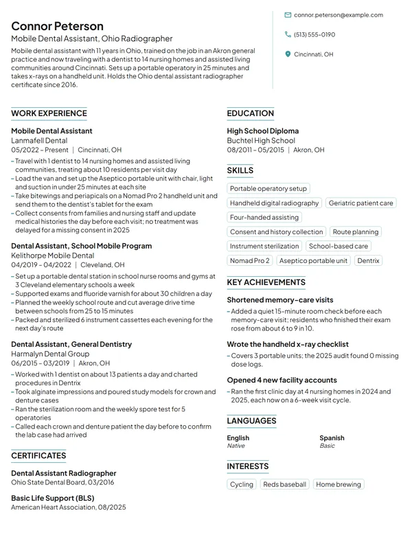 Mobile Dental Assistant resume example