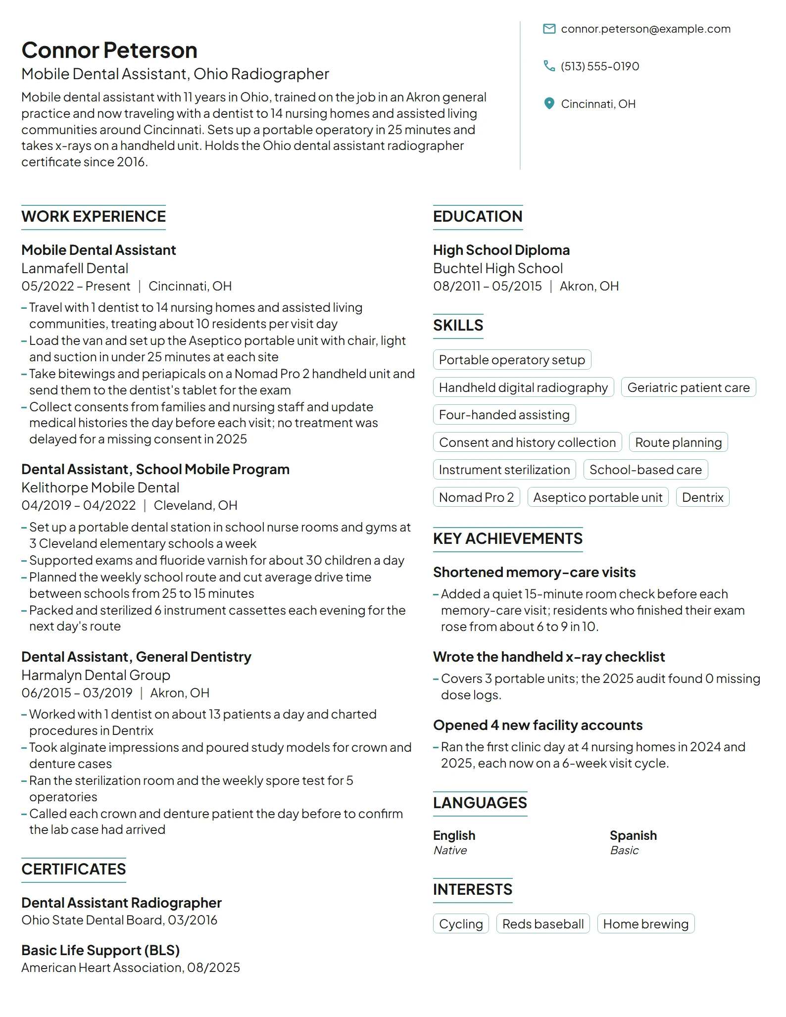 Mobile Dental Assistant resume example