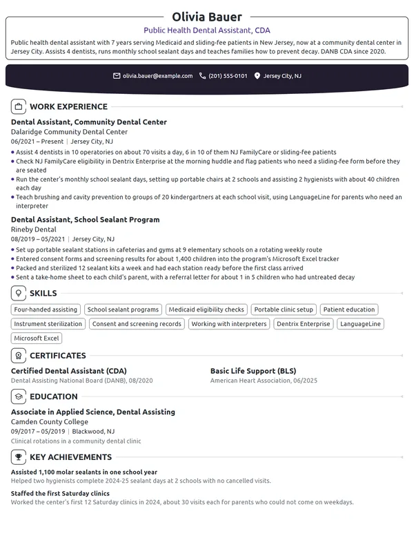 Public Health Dental Assistant resume example