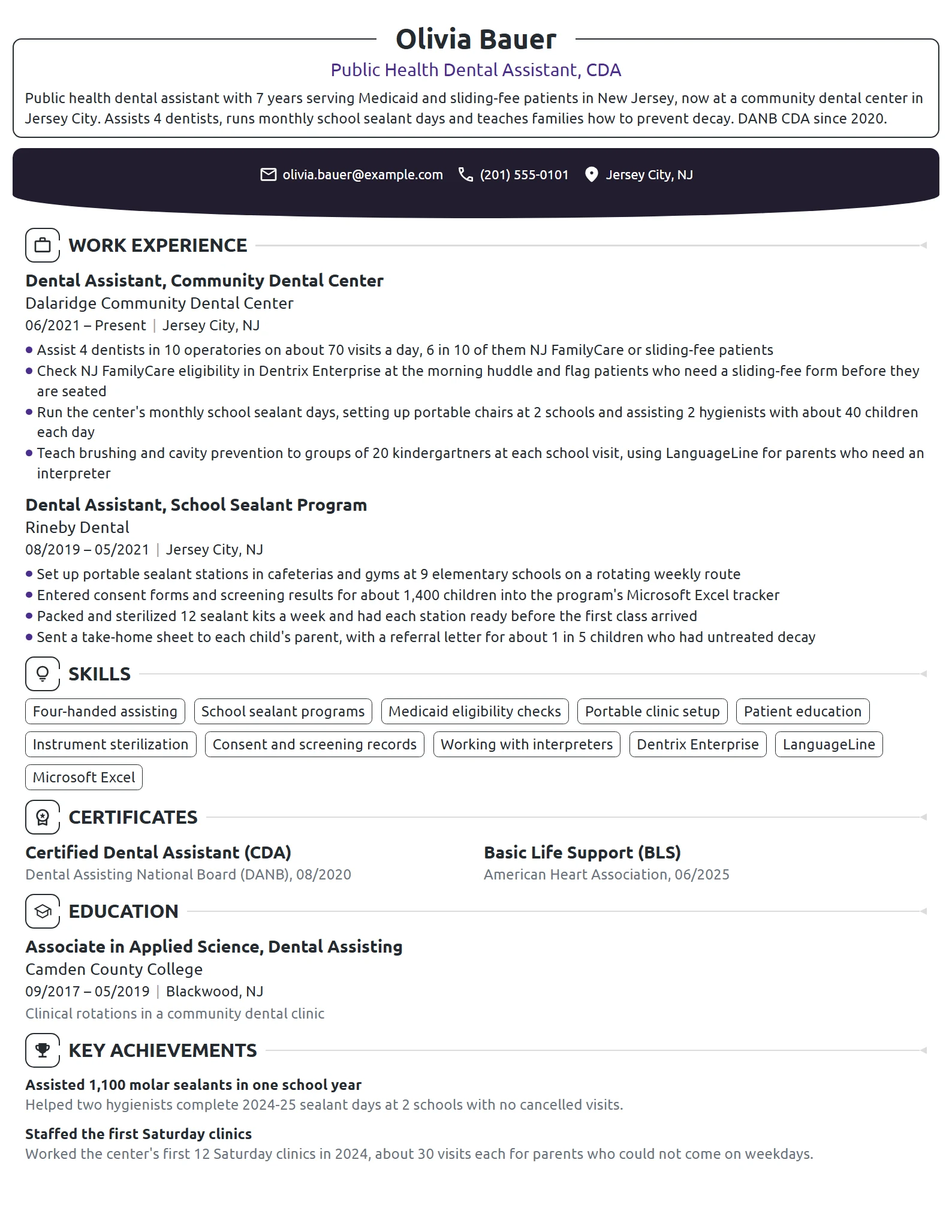Public Health Dental Assistant resume example