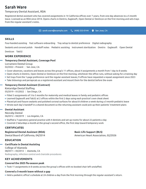 Temporary Dental Assistant resume example