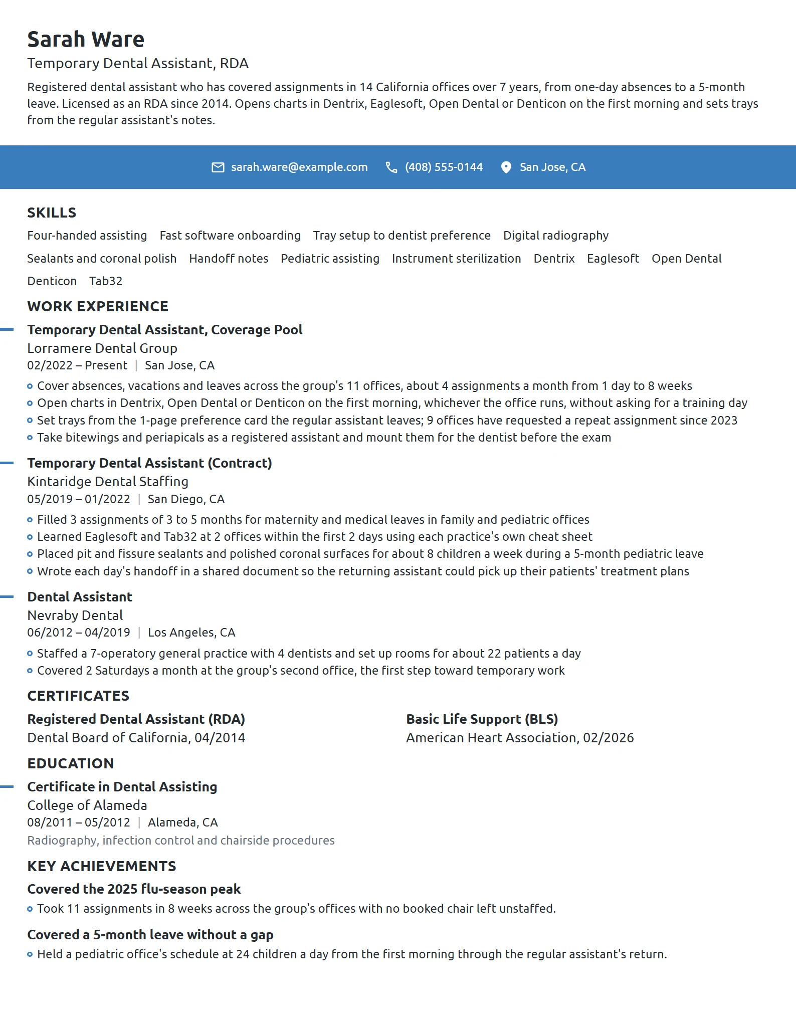 Temporary Dental Assistant resume example