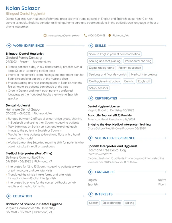 Bilingual Dental Hygienist resume example
