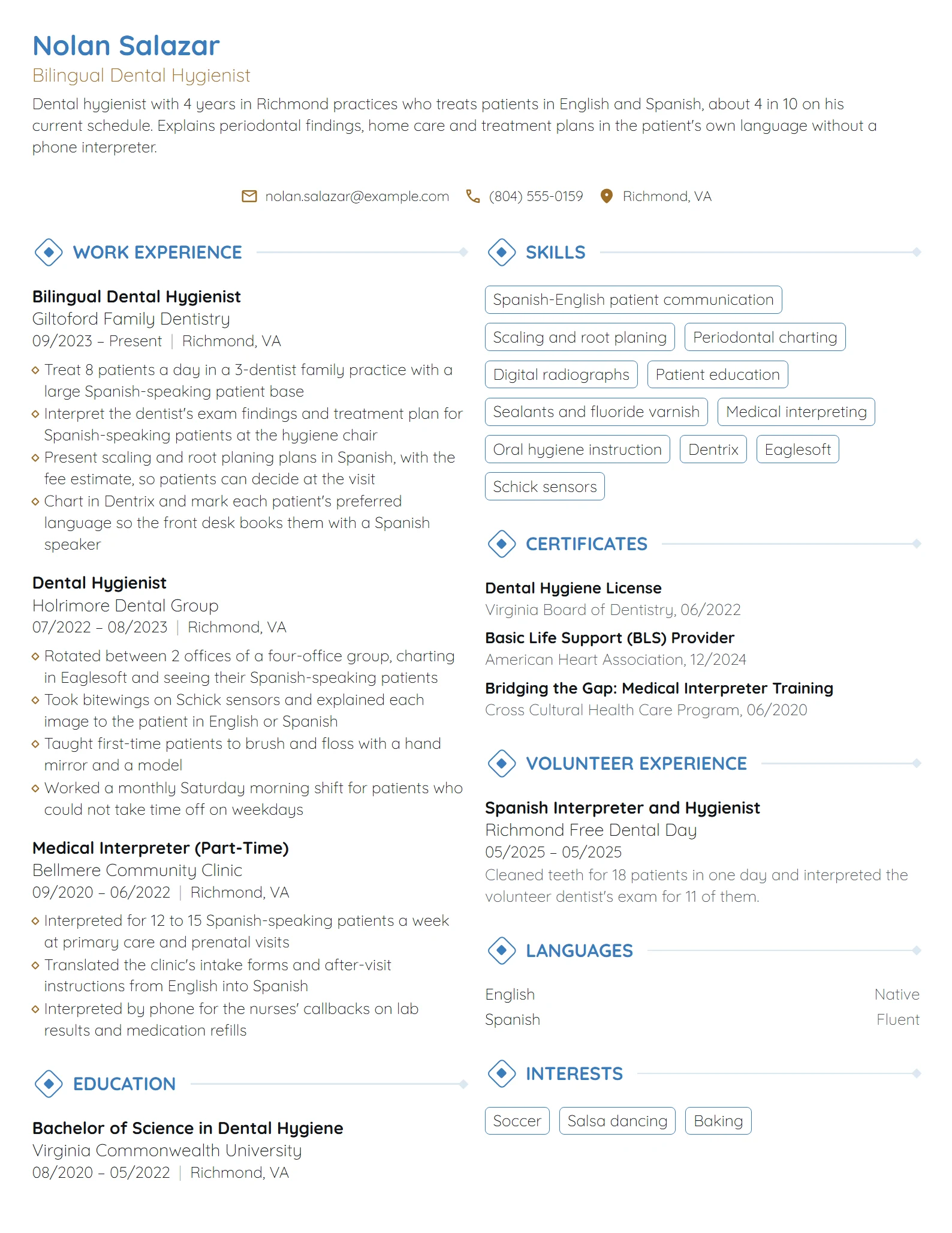 Bilingual Dental Hygienist resume example