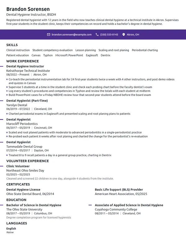 Dental Hygiene Instructor resume example