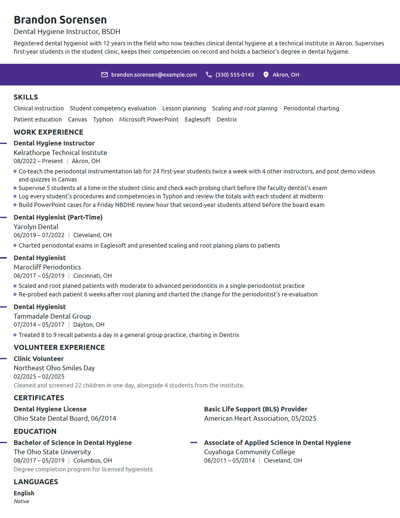 Dental Hygiene Instructor resume example