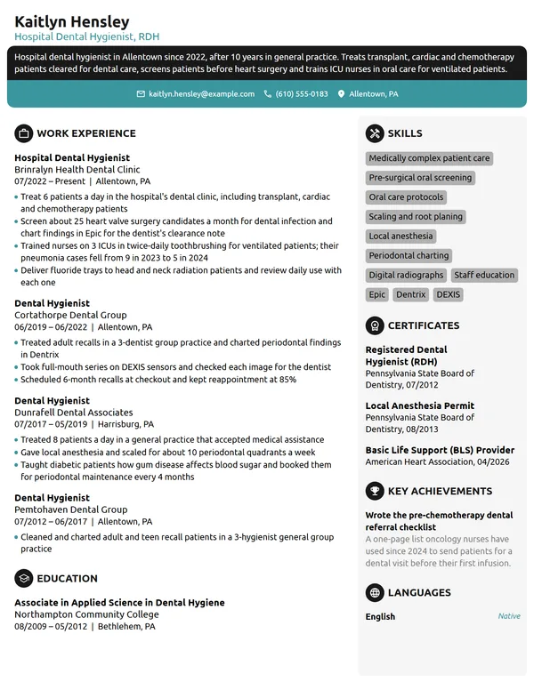 Hospital Dental Hygienist resume example