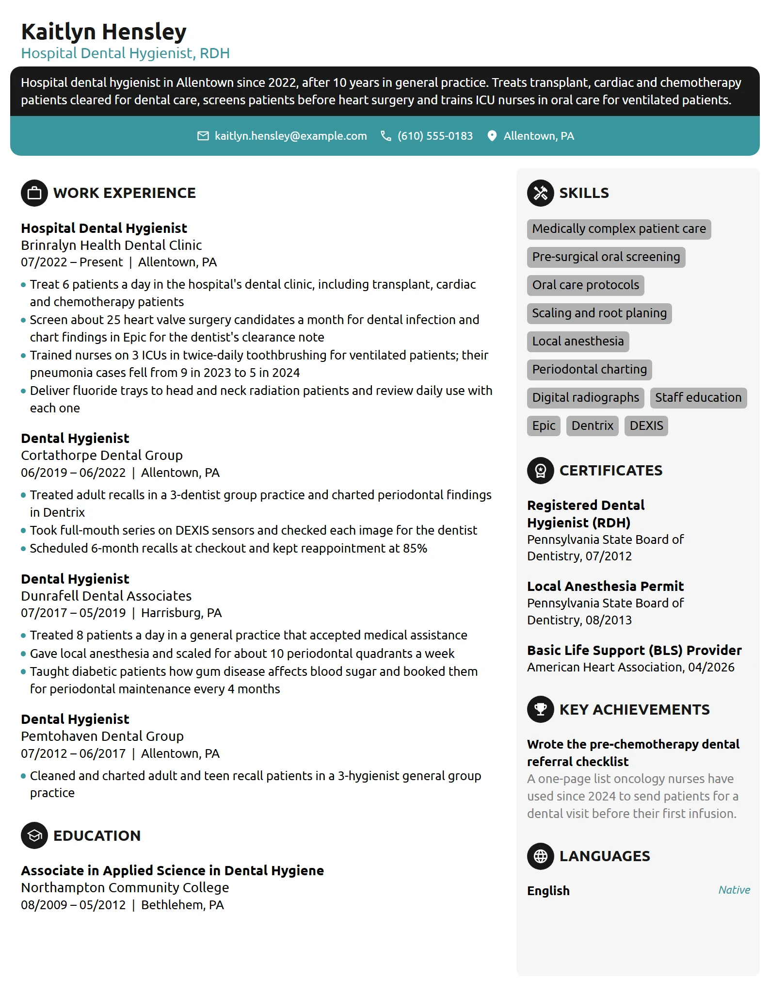 Hospital Dental Hygienist resume example