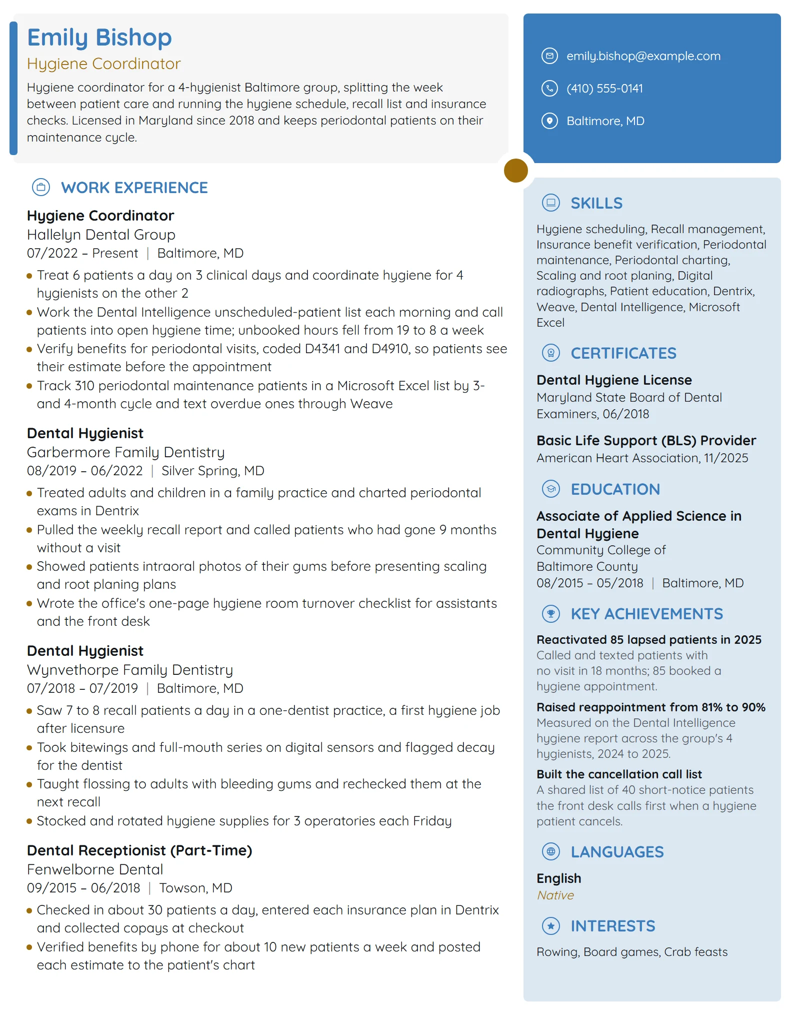 Hygiene Coordinator resume example