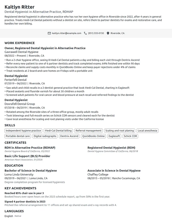 Independent Practice Dental Hygienist resume example