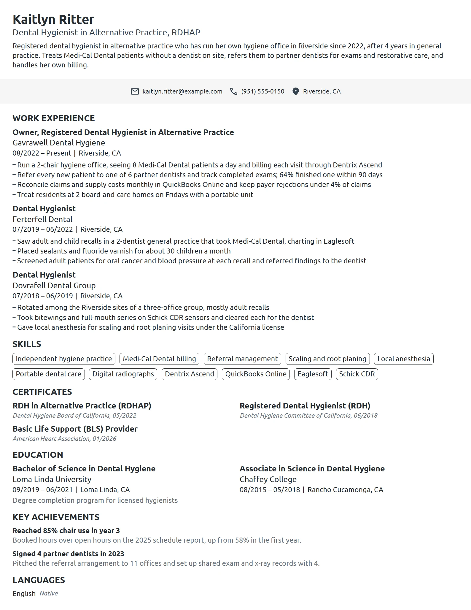 Independent Practice Dental Hygienist resume example