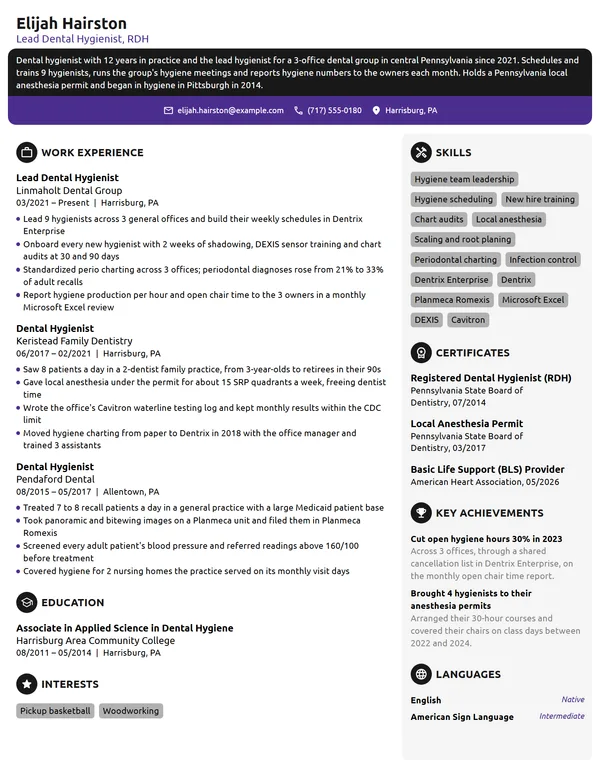 Lead Dental Hygienist resume example