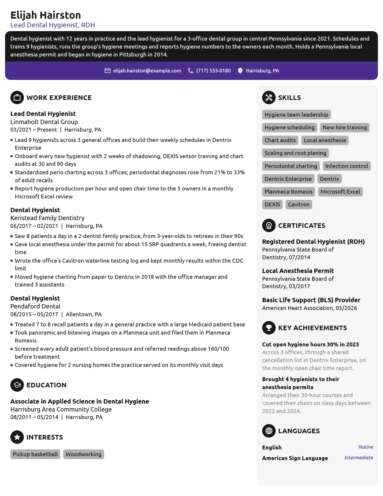 Lead Dental Hygienist resume example