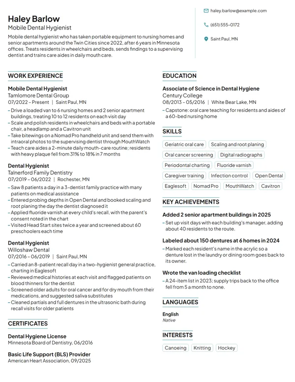 Mobile Dental Hygienist resume example