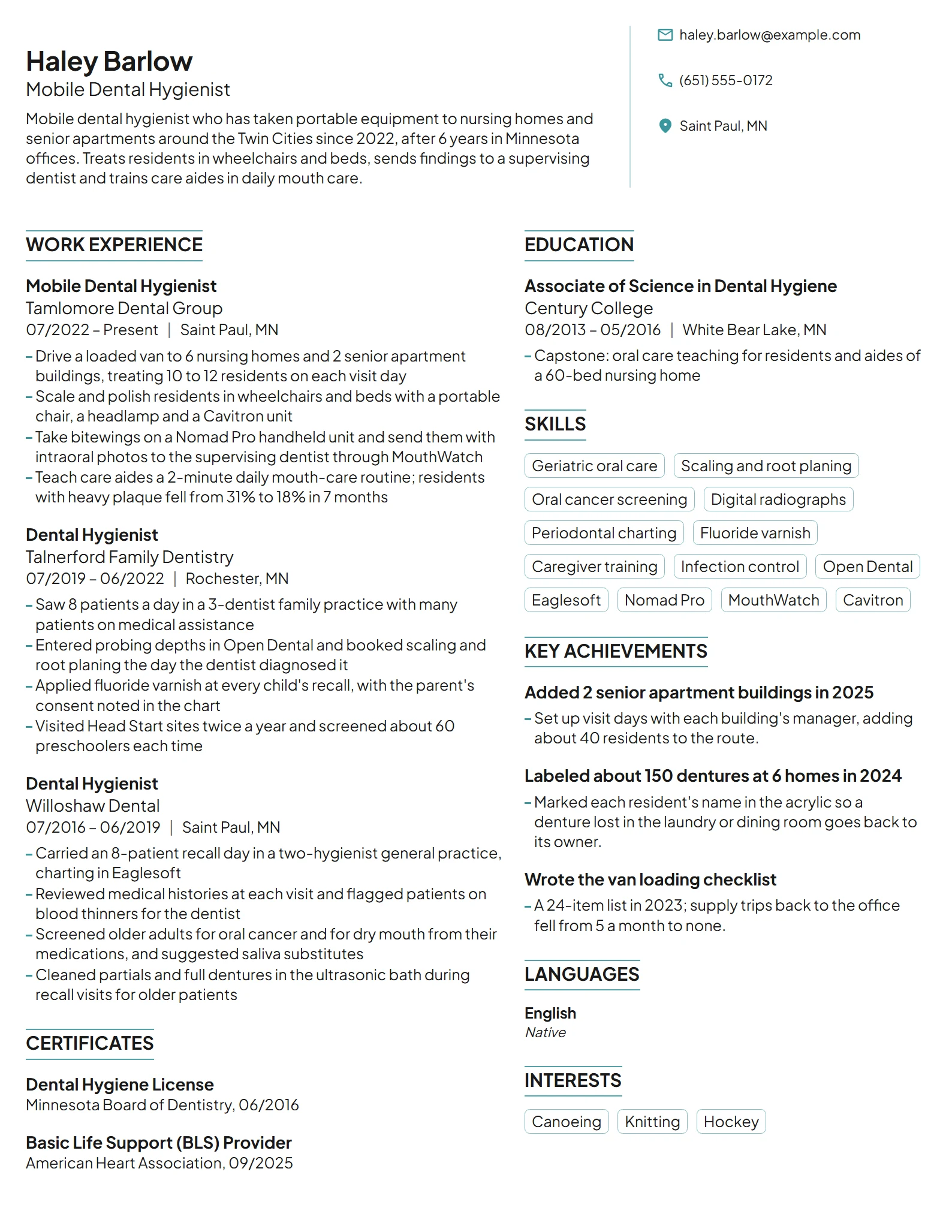 Mobile Dental Hygienist resume example