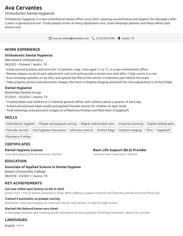 Orthodontic Dental Hygienist resume example