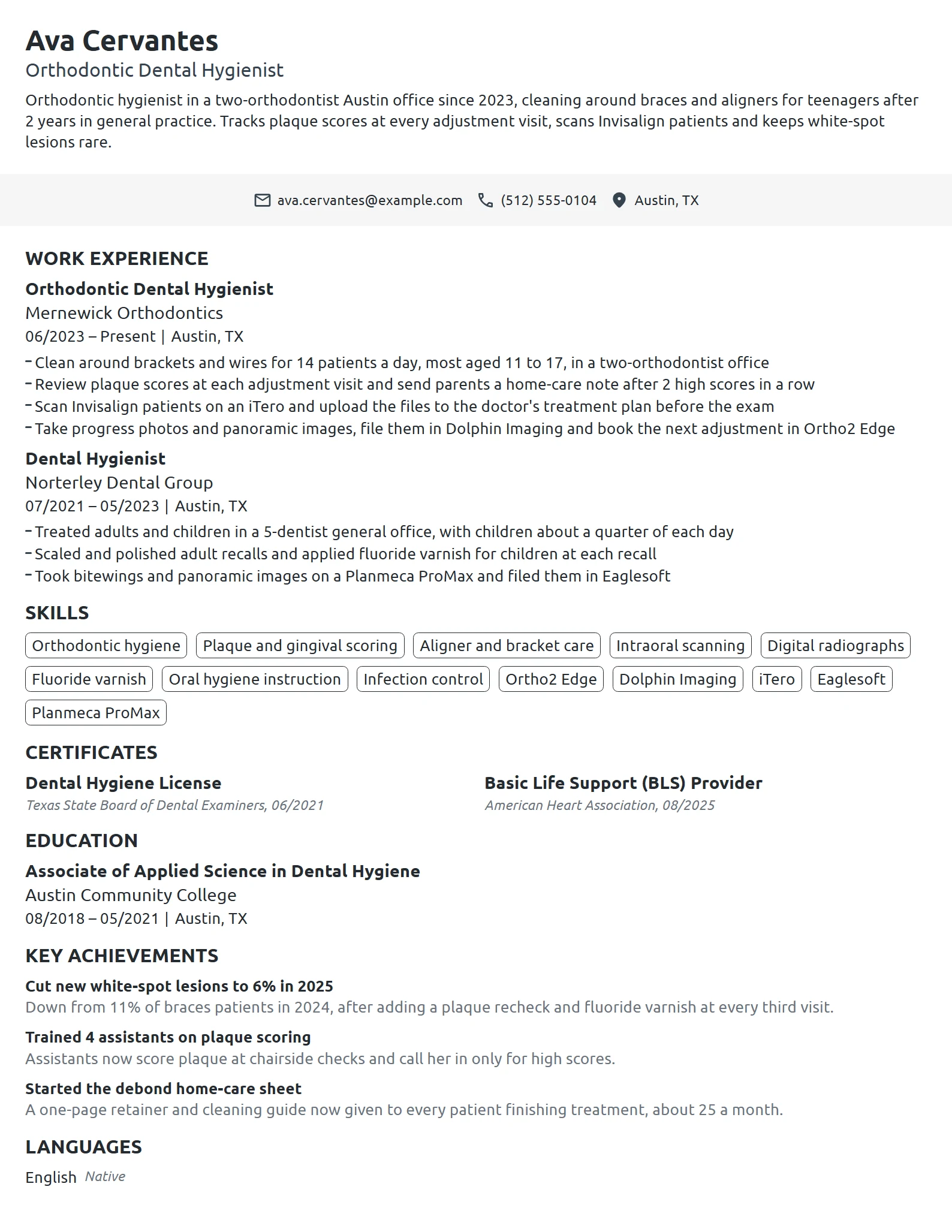 Orthodontic Dental Hygienist resume example