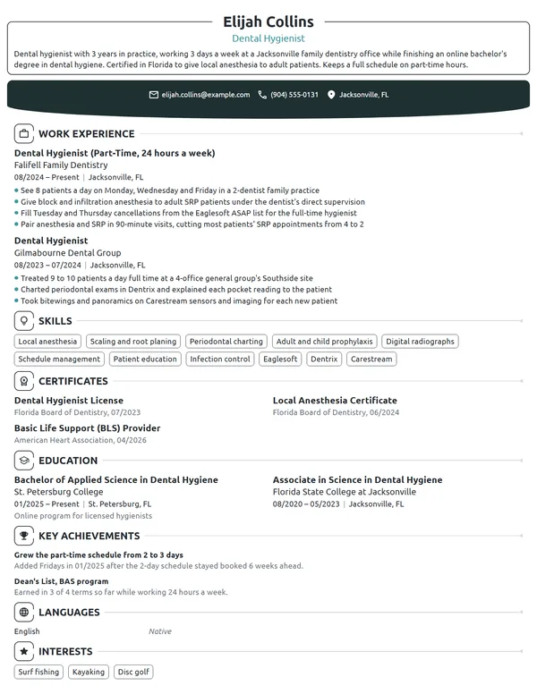 Part-Time Dental Hygienist resume example