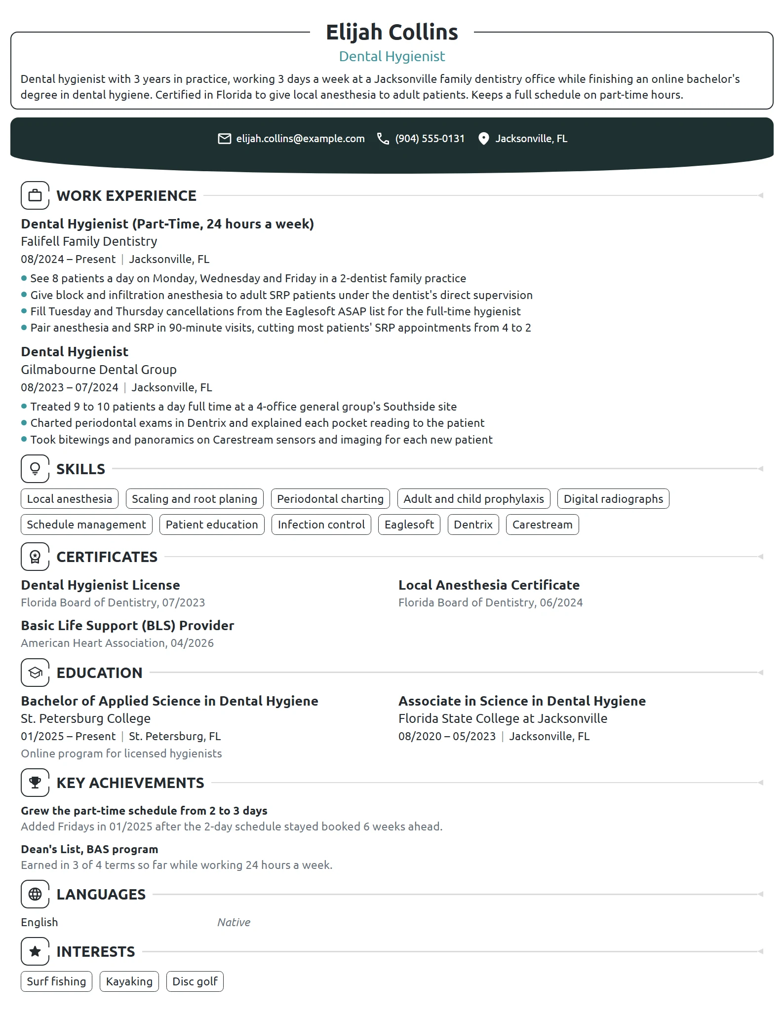 Part-Time Dental Hygienist resume example
