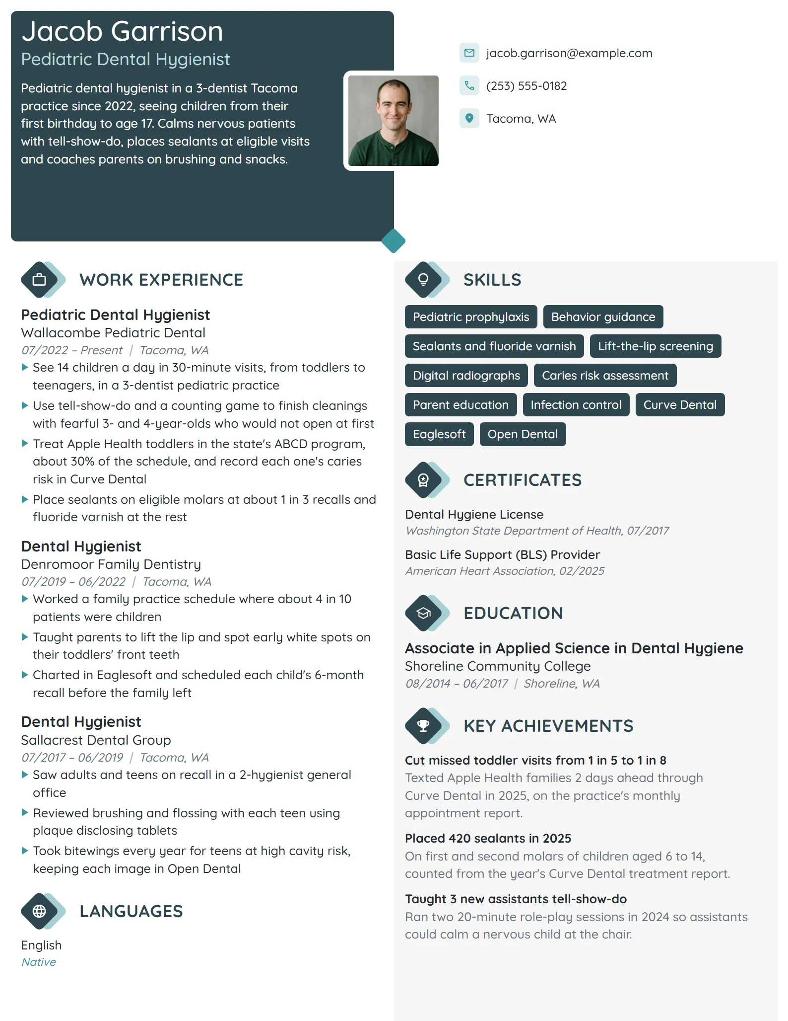 Pediatric Dental Hygienist resume example