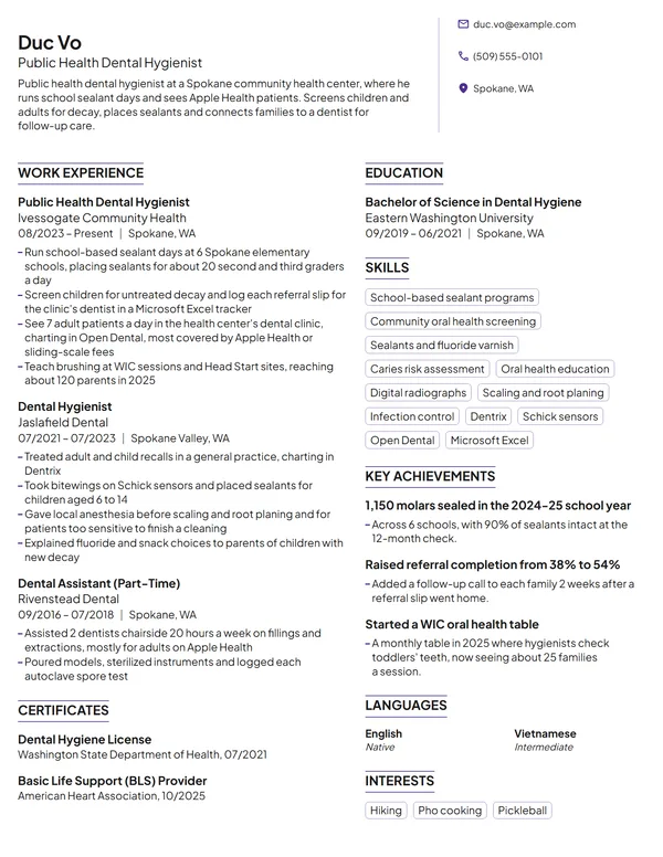 Public Health Dental Hygienist resume example