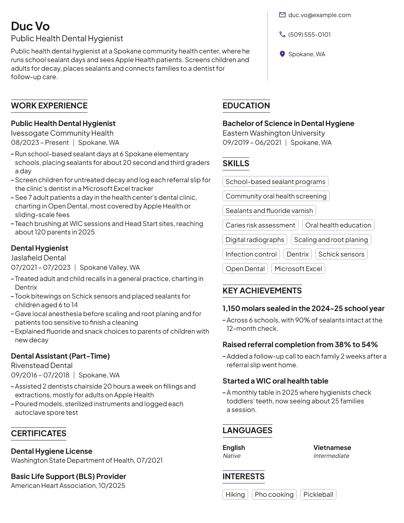 Public Health Dental Hygienist resume example