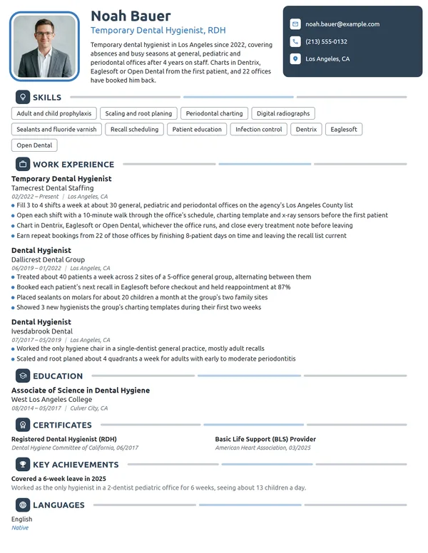 Temporary Dental Hygienist resume example