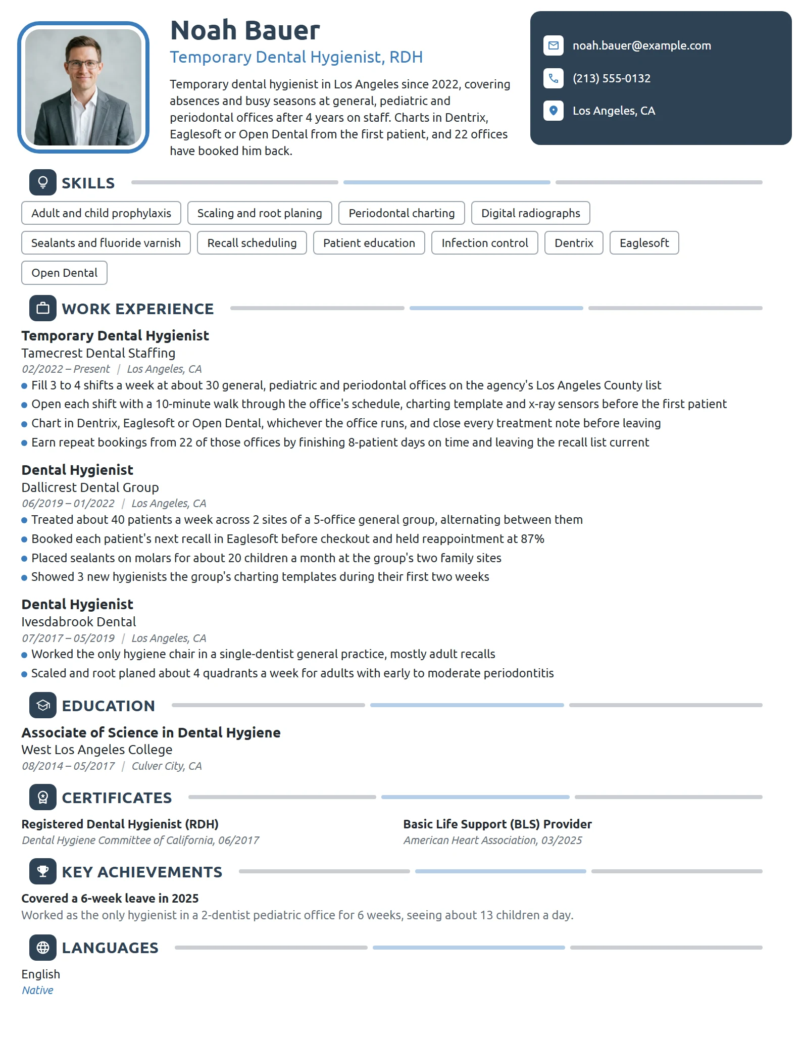 Temporary Dental Hygienist resume example