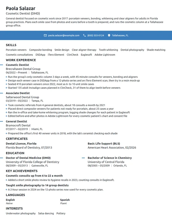 Cosmetic Dentist resume example