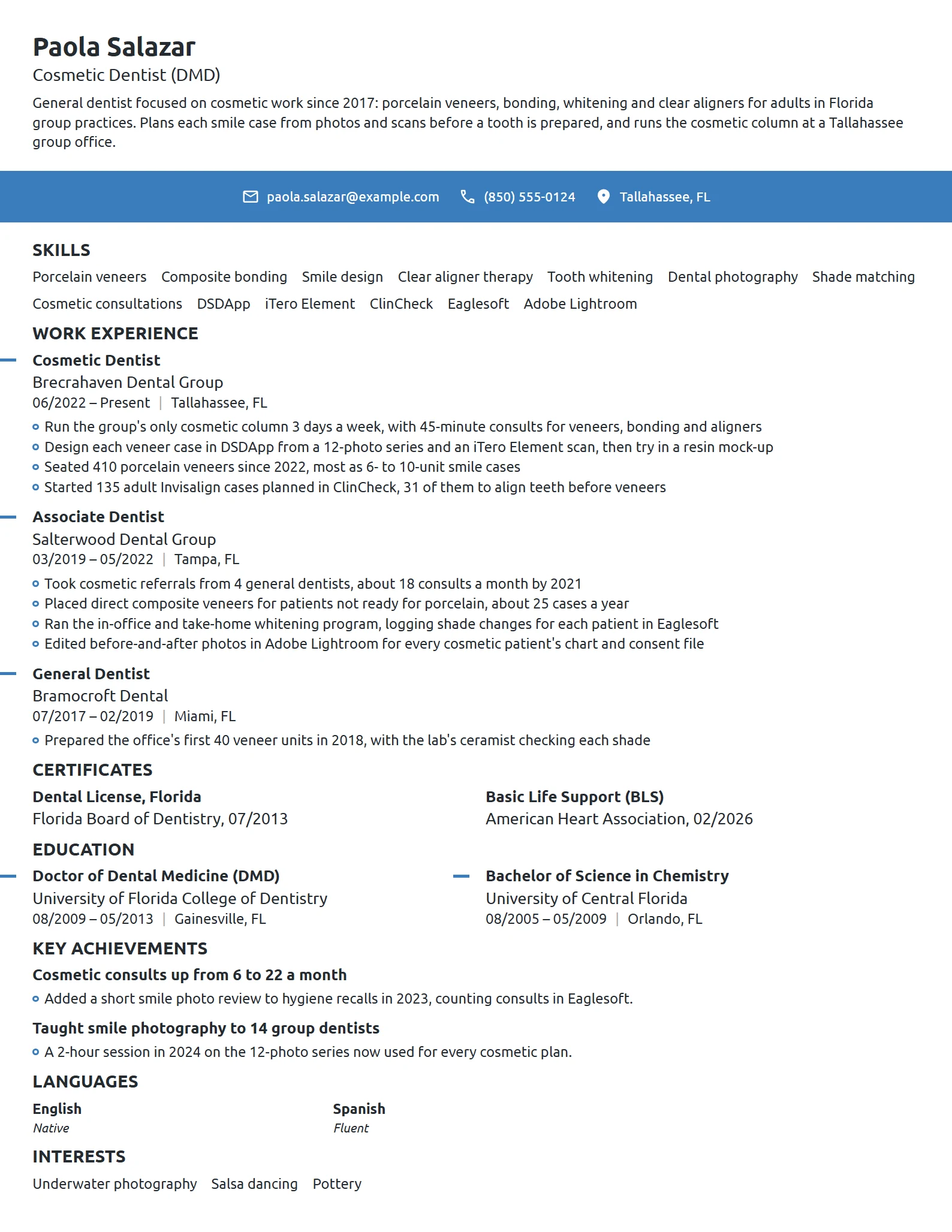 Cosmetic Dentist resume example