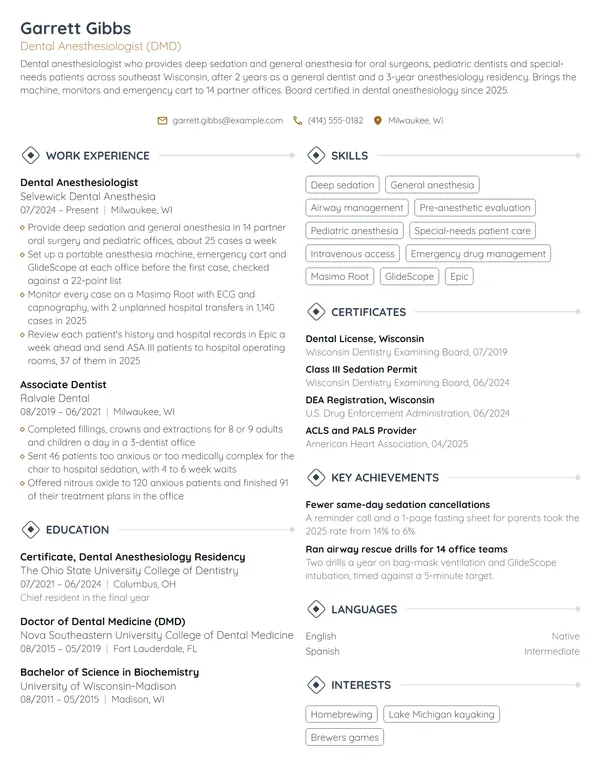 Dental Anesthesiologist resume example