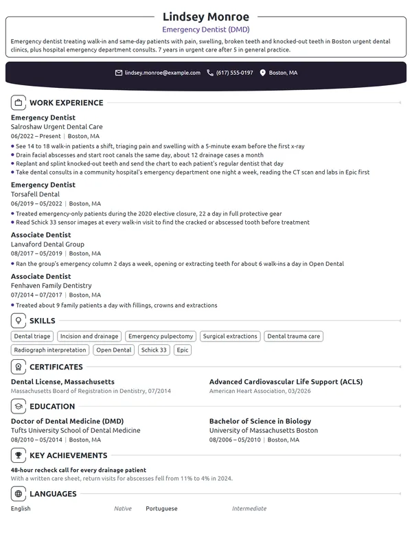 Emergency Dentist resume example