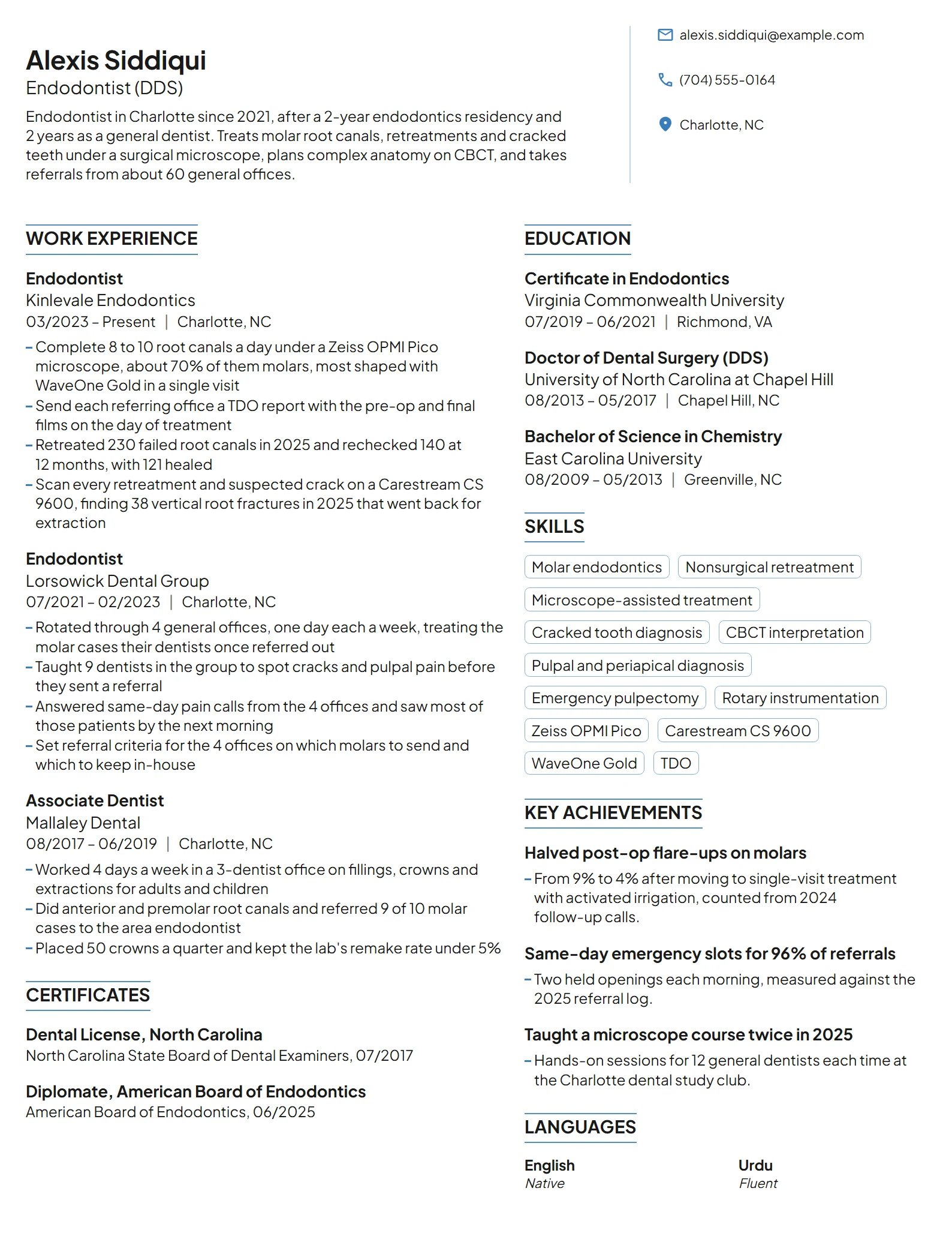 Endodontist resume example