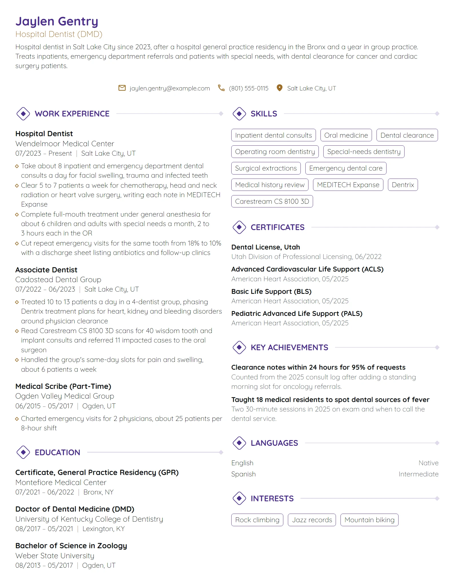 Hospital Dentist resume example