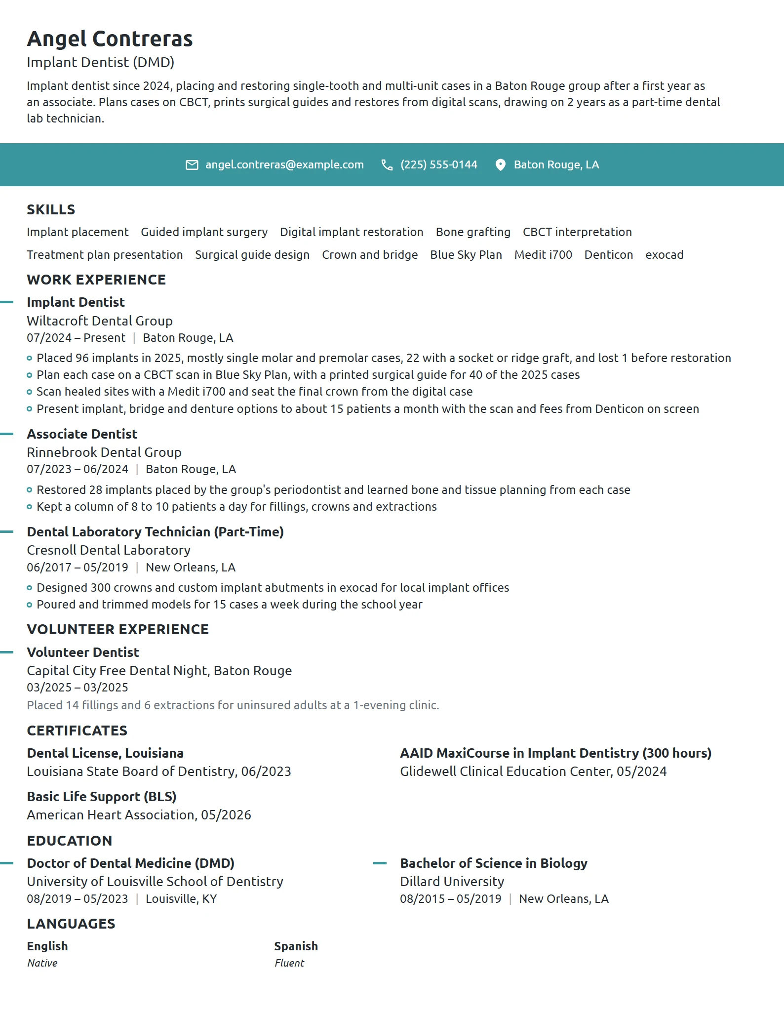 Implant Dentist resume example