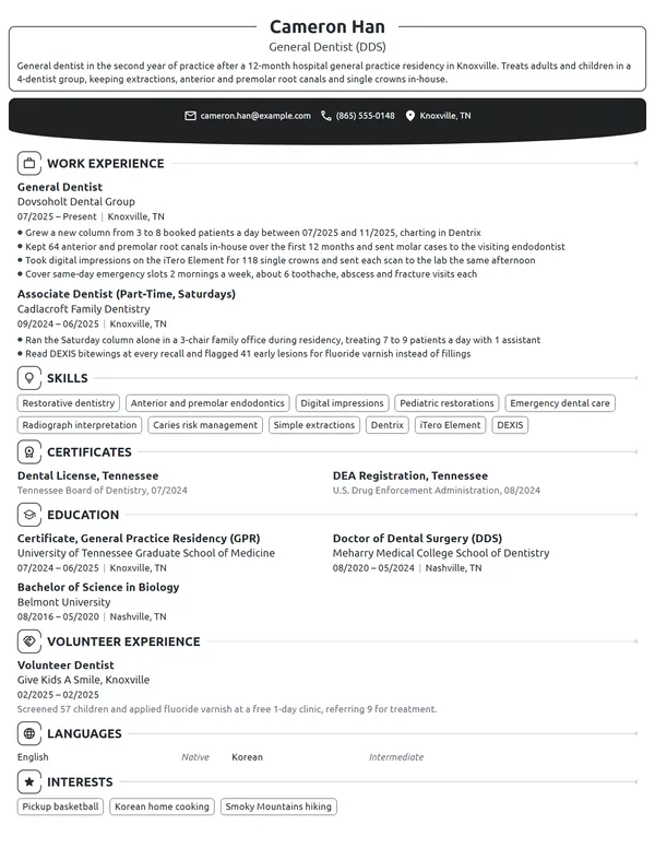 New Grad Dentist resume example
