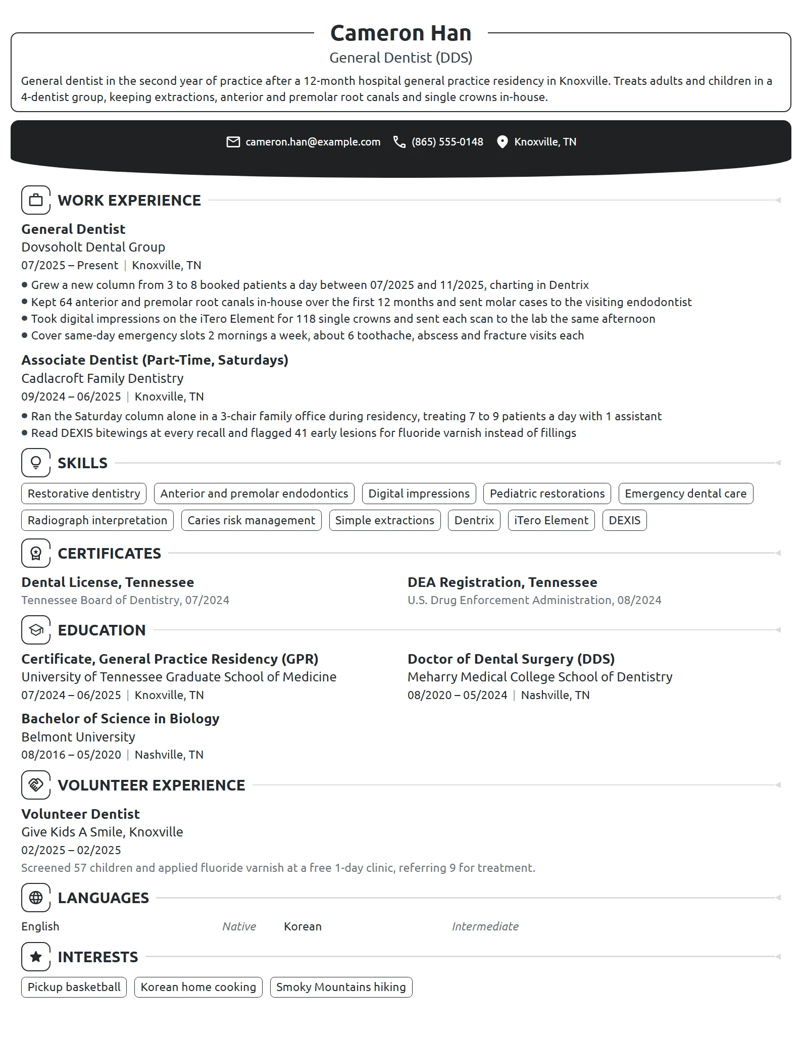 New Grad Dentist resume example