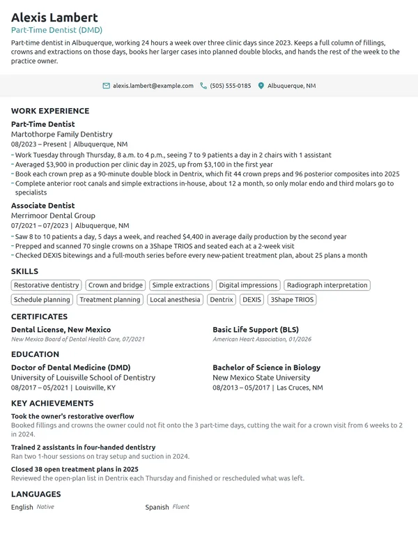 Part-Time Dentist resume example