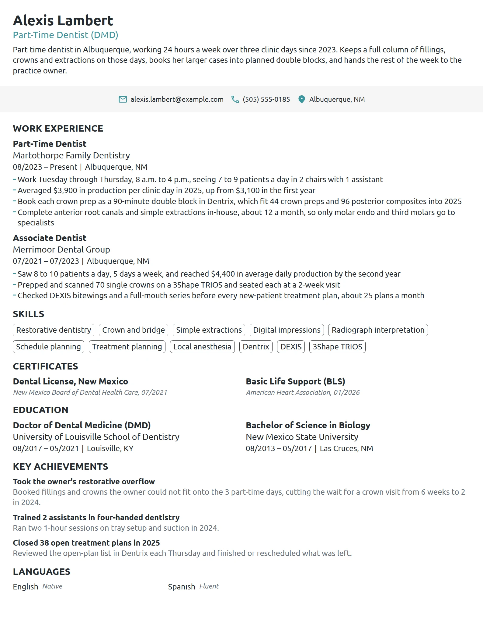 Part-Time Dentist resume example