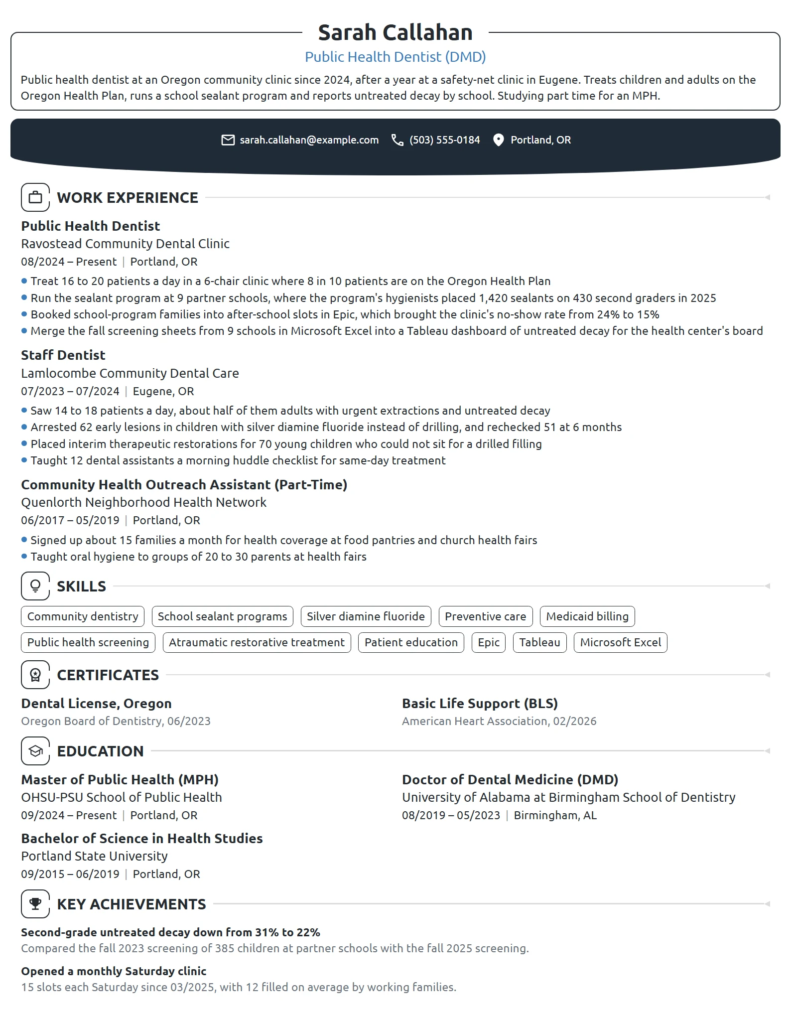 Public Health Dentist resume example
