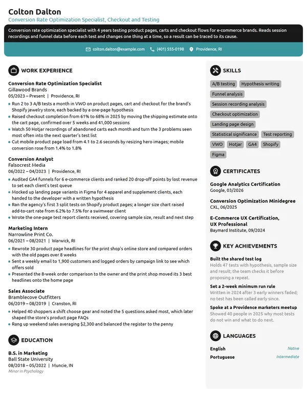 Conversion Rate Optimization Specialist resume example