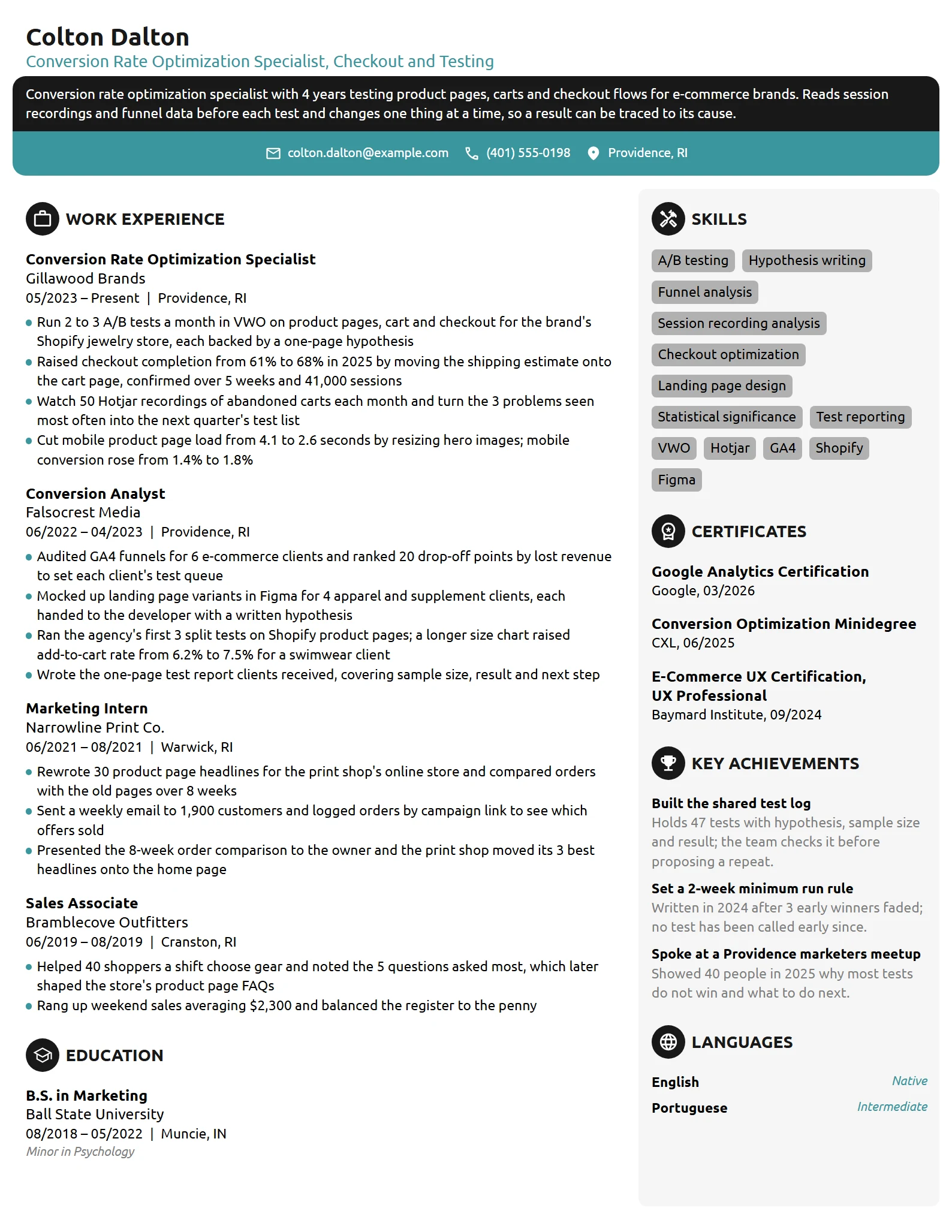 Conversion Rate Optimization Specialist resume example