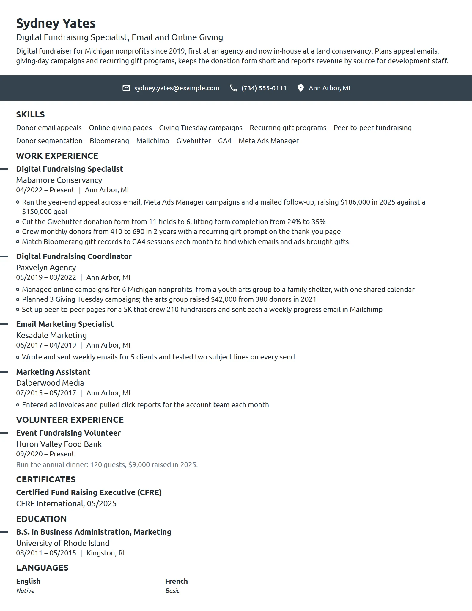 Digital Fundraising Specialist resume example