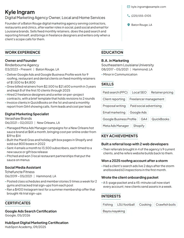 Digital Marketing Agency Owner resume example