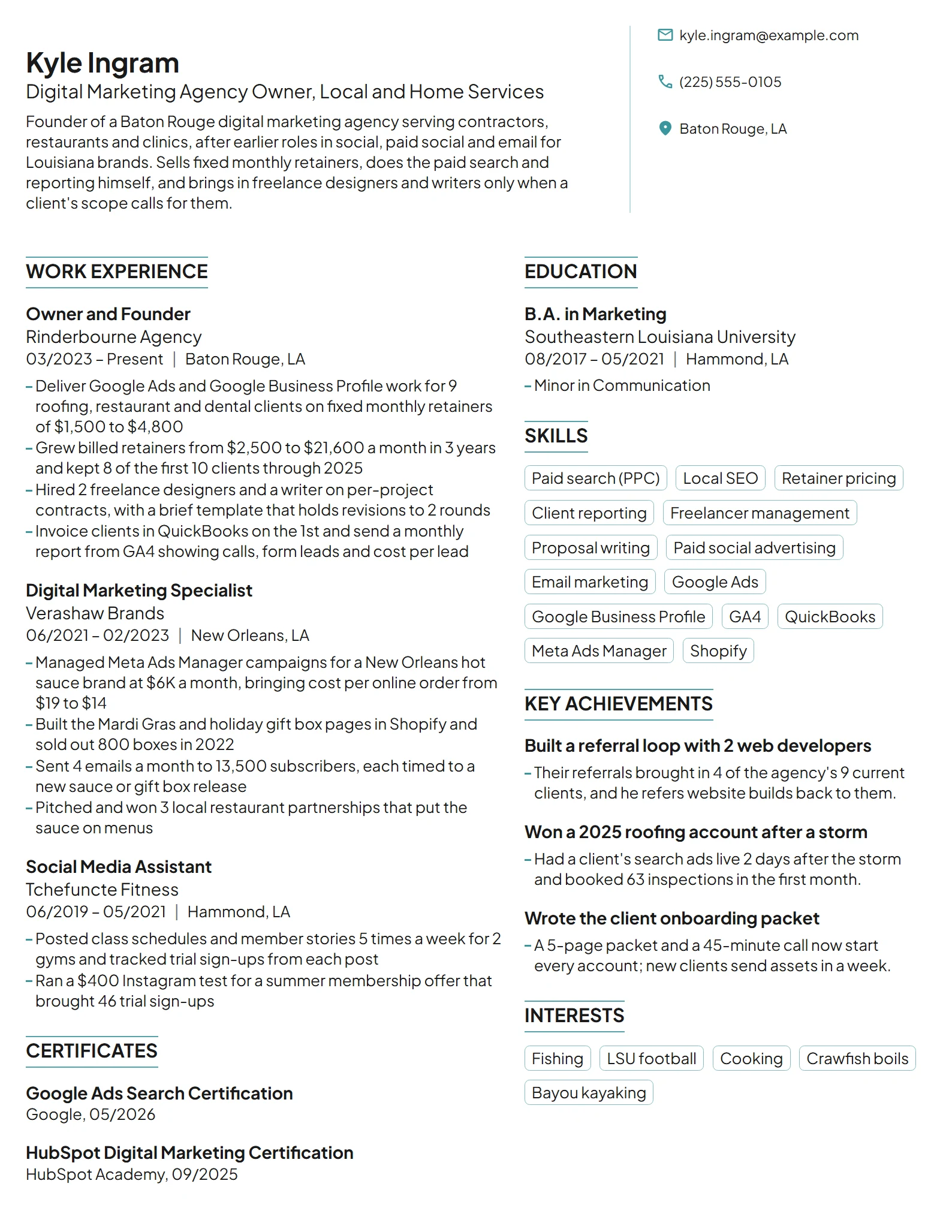 Digital Marketing Agency Owner resume example