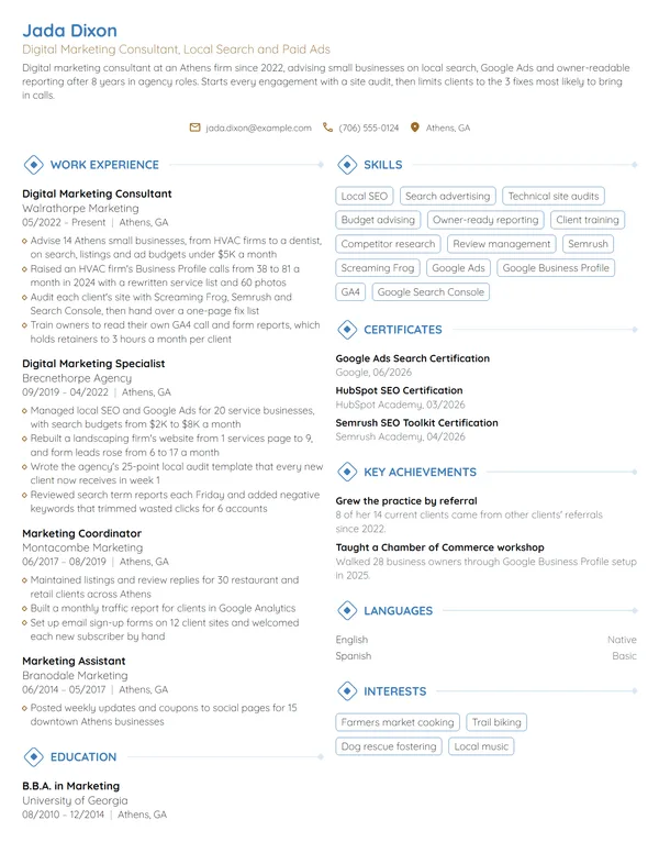 Digital Marketing Consultant resume example