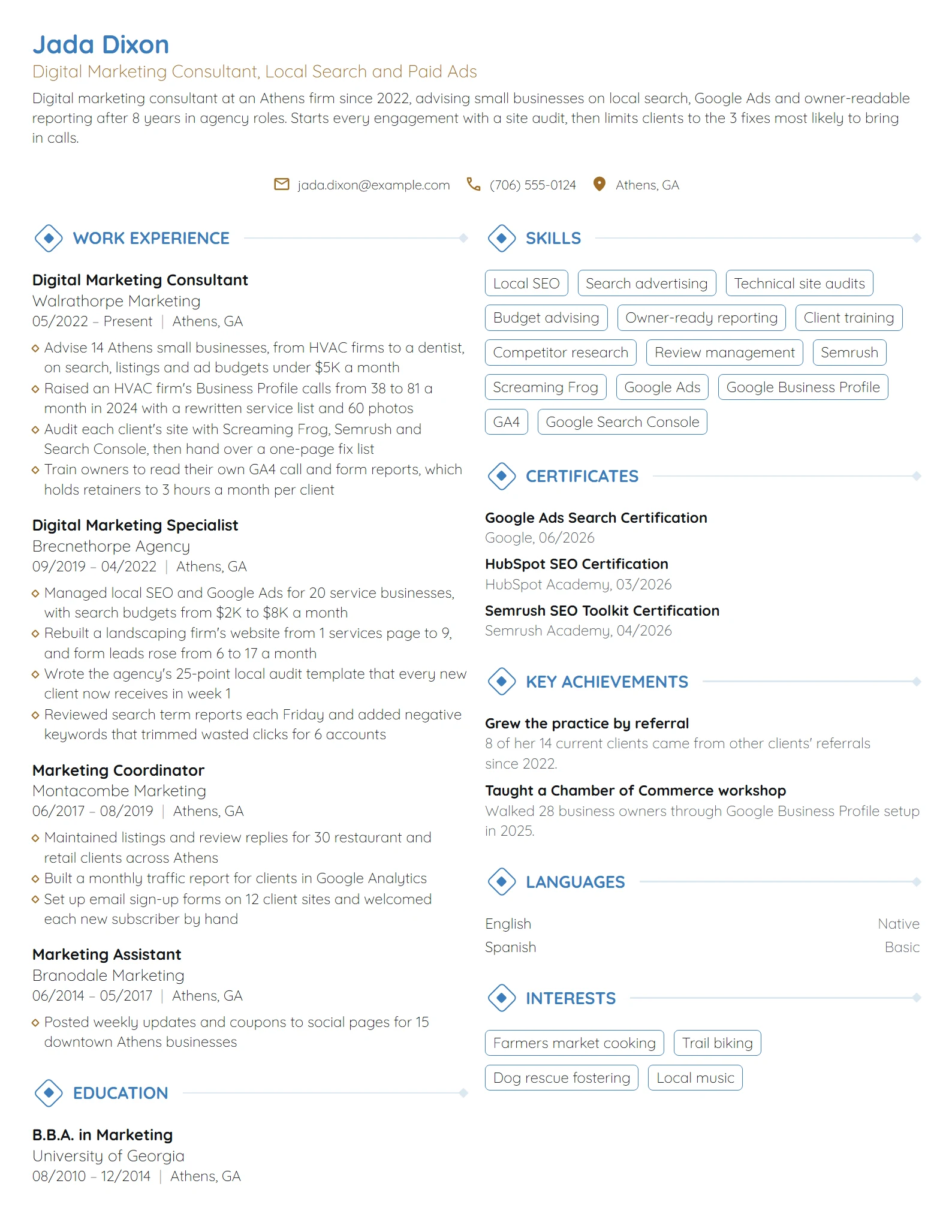 Digital Marketing Consultant resume example
